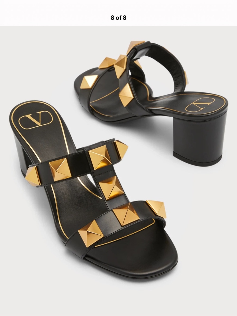 Valentino Garavani Black Leather Mule Sandals with Gold Pyramid Studs